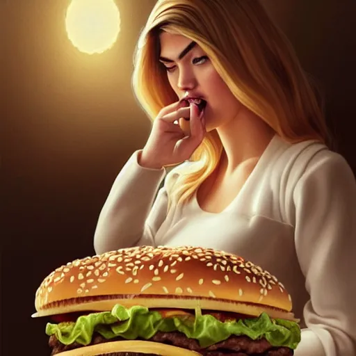 Prompt: portrait of Kate Upton eating big mac hamburgers, extra onions and ketchup, hyperdetails, displacement mapped octane render, luscious patty with sesame seeds, ethereal, handsome, D&D, fantasy, intricate, elegant, highly detailed, digital painting, artstation, concept art, matte, sharp focus, illustration, art by Artgerm and Greg Rutkowski and Alphonse Mucha