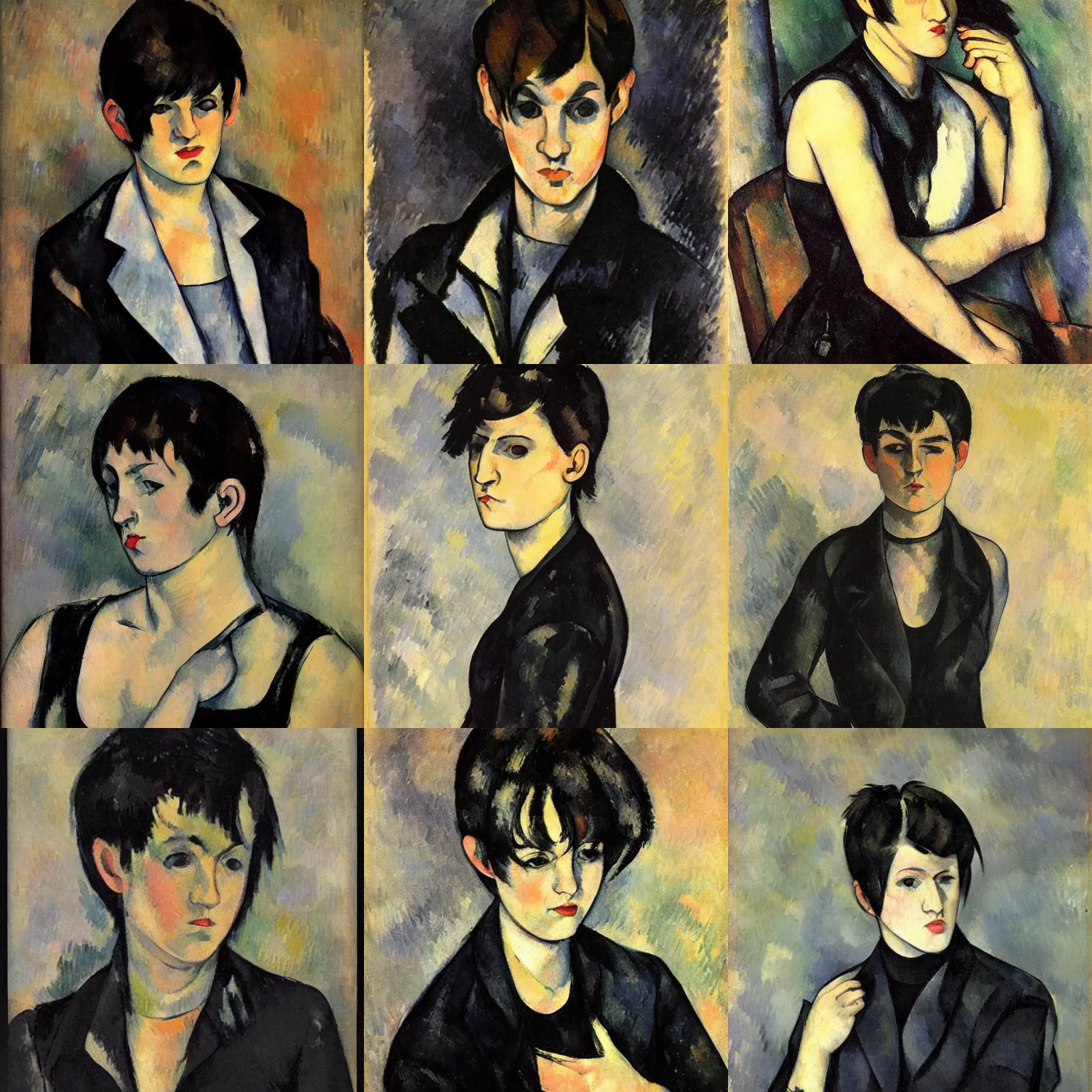 Prompt: an androgynous emo portrait by paul cezanne. her hair is dark brown and cut into a short, messy pixie cut. she has large entirely - black evil eyes. she is wearing a black tank top, a black leather jacket, a black knee - length skirt, a black choker, and black leather boots.