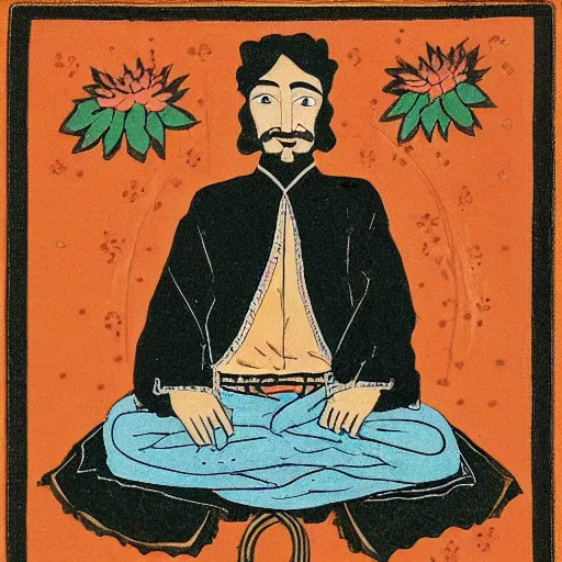 Image similar to vaquero sitting lotus position, persian folktale artstyle