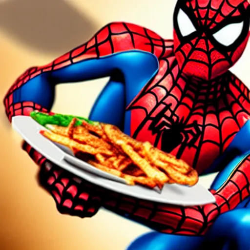 Image similar to spiderman eating greasy food from arby's restaurant, photorealistic, highly detailed,