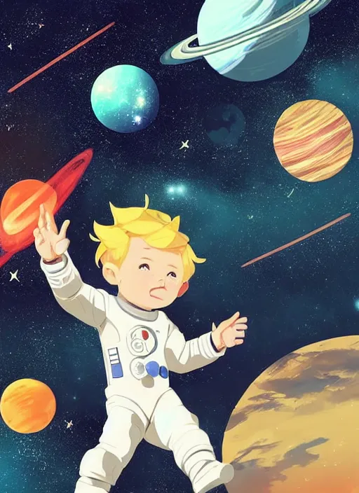 Image similar to little boy with short blonde hair. he is floating in space. he is wearing a space suit. background is a nebula. clean cel shaded vector art. shutterstock. behance hd by lois van baarle, artgerm, helen huang, by makoto shinkai and ilya kuvshinov, rossdraws, illustration, art by ilya kuvshinov