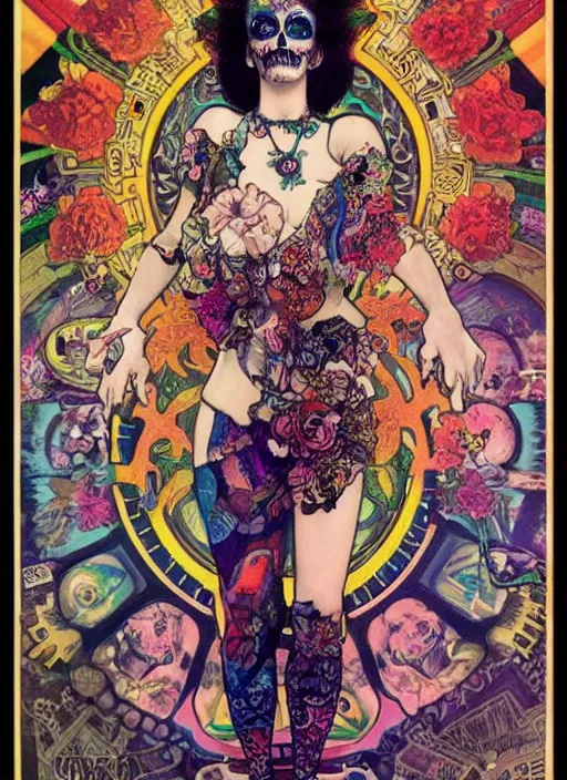 Prompt: cute punk goth fashion fractal Día de los Muertos tattooed hologram girl posing, psychedelic poster art of by Victor Moscoso Rick Griffin Alphonse Mucha Gustav Klimt Ayami Kojima Amano Charlie Bowater, masterpiece