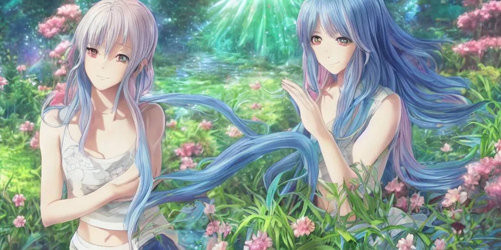 Prompt: anime key visual of a pretty girl with blue flowing hair, wearing sweatpants and a crop top, meditating in a magical fantasy garden, lofi feel, magical, highly detailed, digital art, artstation, smooth, hard focus, illustration, art by artgerm - in the style of final fantasy and studio ghibli