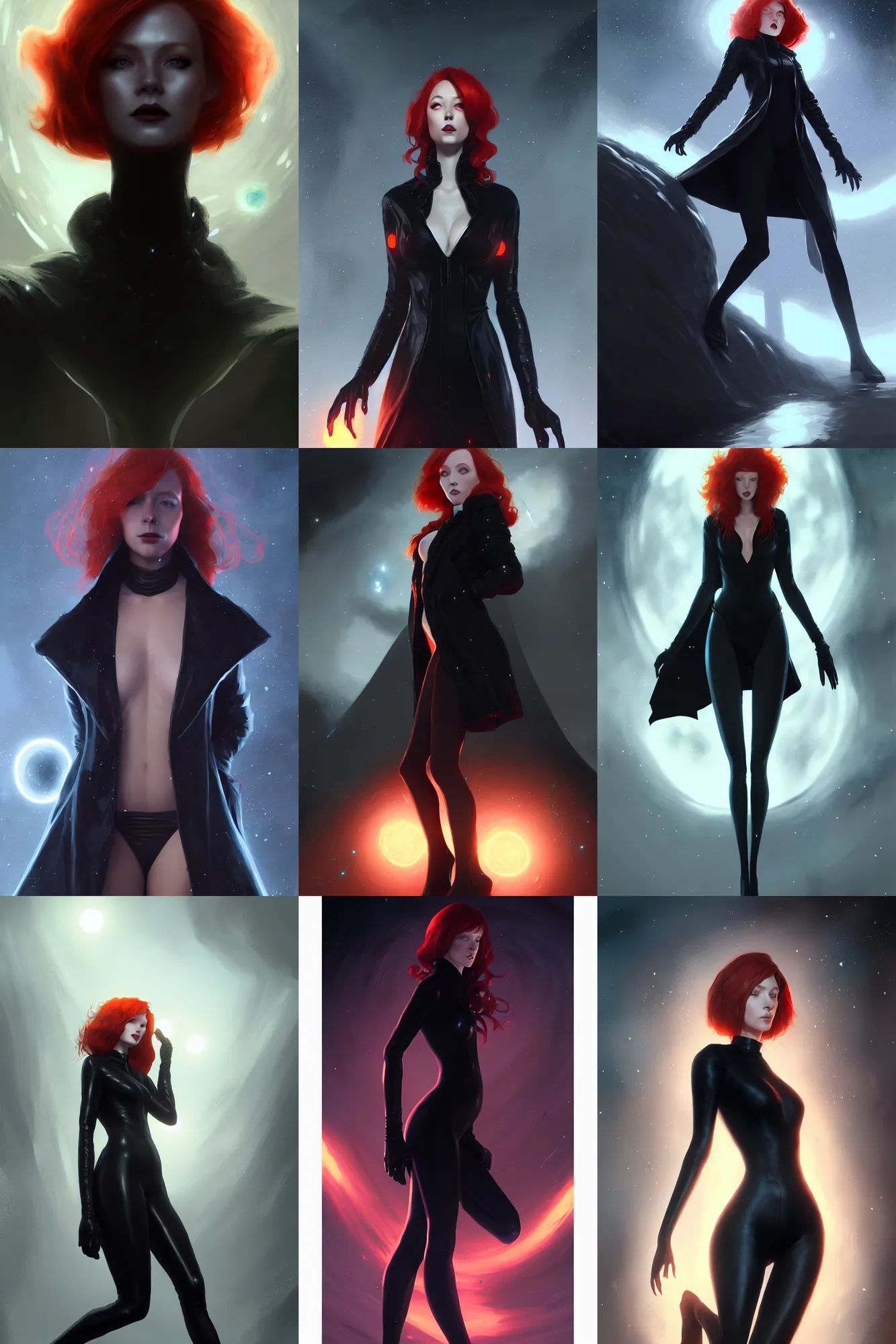 Prompt: redhead lady in black coat and pantyhose, cosmic horror style, giant star, highly detailed, digital painting, artstation, concept art, smooth, clear focus, illustration, unreal engine 5, 8 k, works by ross tran, greg rutkowski and edgar maxence