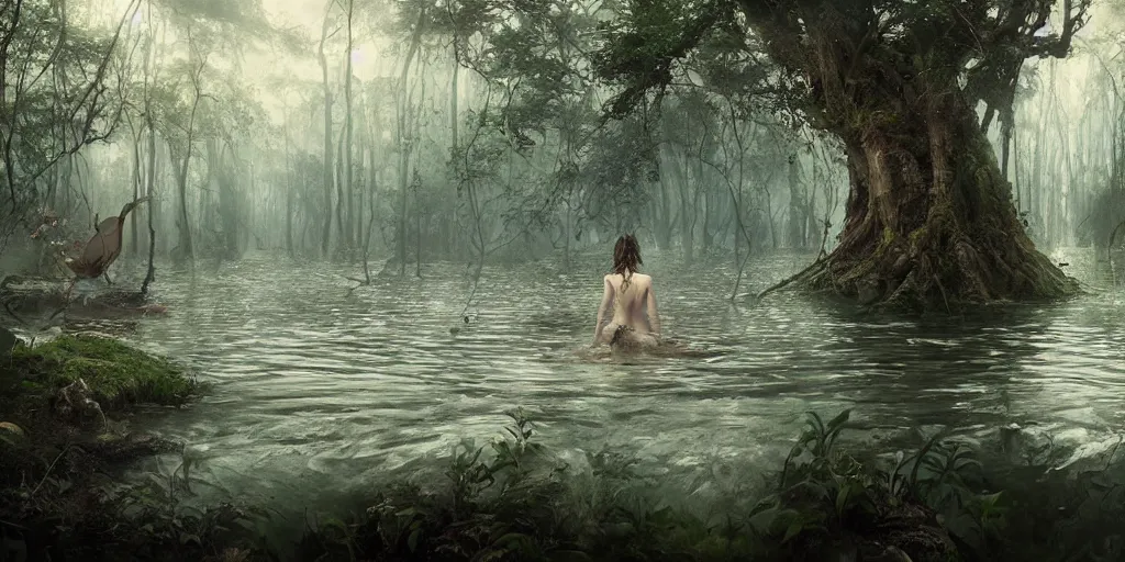 Prompt: forest nymph rising from the water. view from behind, back view. nuri iyem, james gurney, james jean, greg rutkowski, anato finnstark. award winning photography, cinematic, beautiful