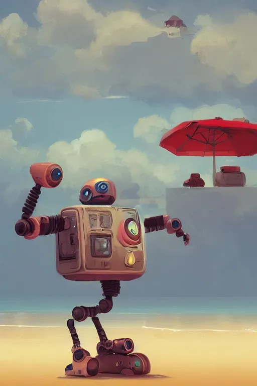 Image similar to Cute little robot lost in the beach art style by Simon Stålenhag, , trending on artstation, artstationHD, artstationHQ, 4k, 8k