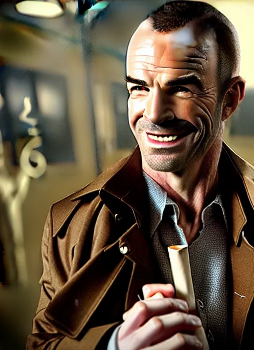 Prompt: photorealistic film still of paul blackthorne as harry dresden posing as a charismatic smiling thief, with a light brown trench coat and a cigarette, in dresden files movie, super detailed, hd