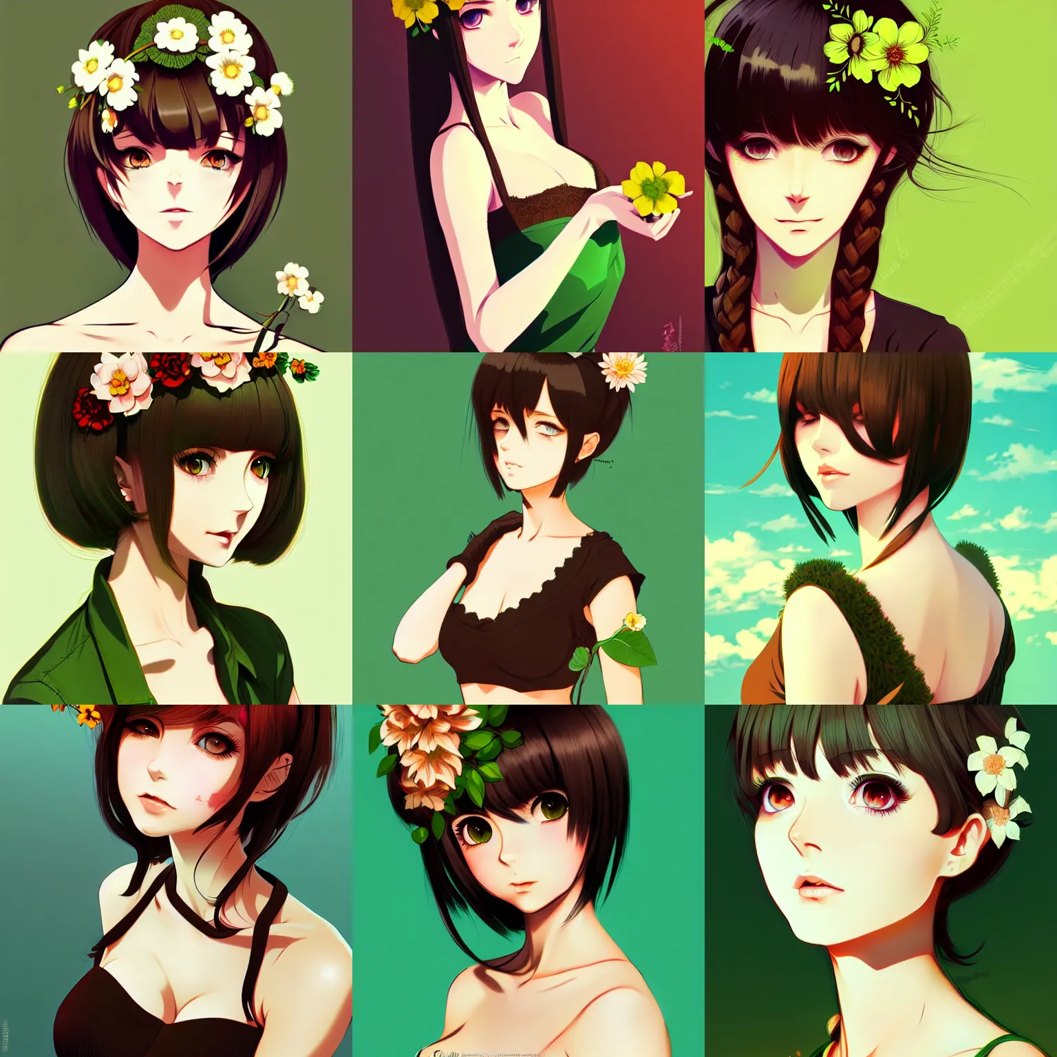 Prompt: sexy girl with green eyes, flower in her hair, wearing a camisole, black and brown colors, in the style of ilya kuvshinov, high quality anime artstyle, intricate