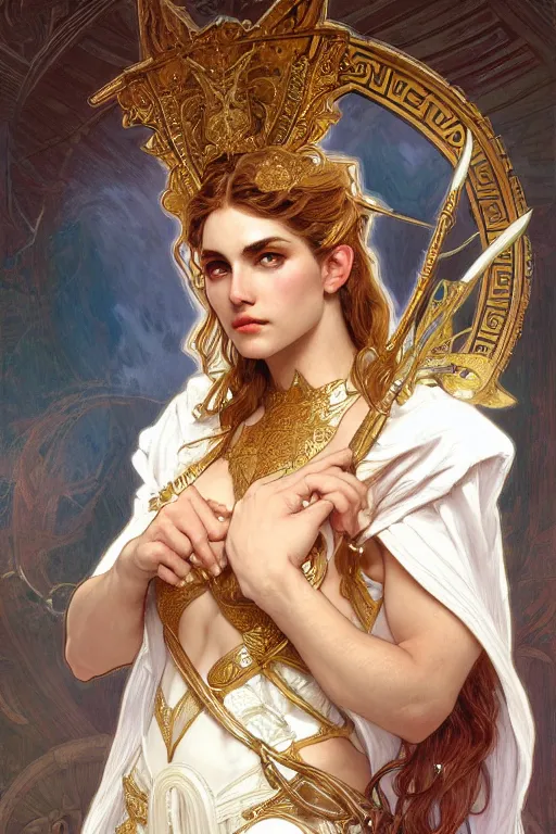 Prompt: painted portrait of artemis wearing armor, greek god, feminine, powerful, beautiful, upper body, white robe, muscular, fantasy, intricate, elegant, highly detailed, digital painting, artstation, concept art, smooth, sharp focus, illustration, art by gaston bussiere and alphonse mucha