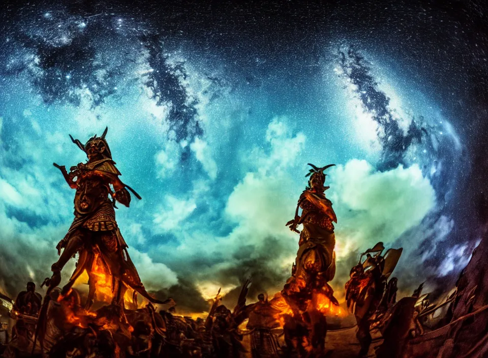 Prompt: Dutch angle Fisheye lens way too close glowing futuristic warrior statue chanting tribesmen worshipping in the center of their village. Ominous clouds and smoke from the fire. 1100 AD. The Milky Way Galaxy is visible in the night sky along with many constellations and nebulas. Cinematic, Award winning, ultra high resolution, intricate details, UHD 8K. Rendered with autodesk arnold unreal engine octane render Lumion Blender Maxwell.