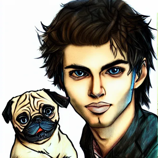 Image similar to self portrait, young white hispanic handsome man with short light brown hair and light skin and a 5 o clock shadow, holding a pug for a picture, pencil art, added detail, high definiton, colored, backfacing, illustrated by yoji shinkawa
