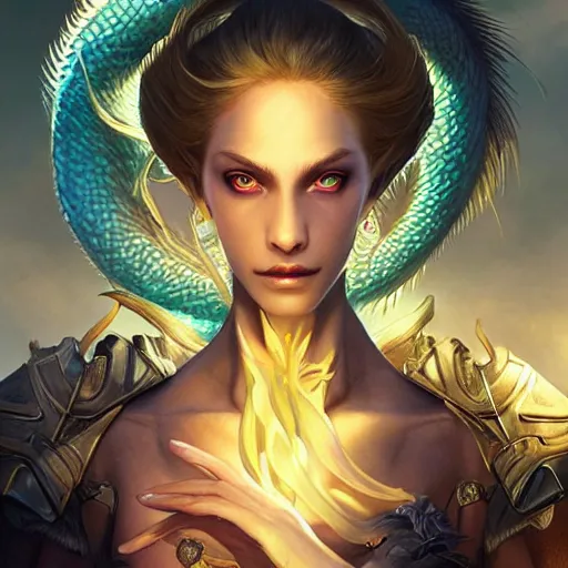 Image similar to photo of a beautiful female dragon, anthropomorphic, sharp focus, illustration, ultra real, masterpiece, glowing holy aura by magali villeneuve and stanley artgerm lau, wlop,