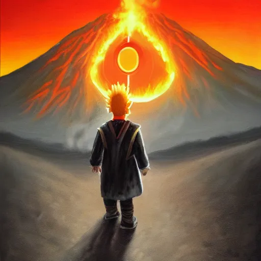 Prompt: a painting of bart simpson walking through mordor towards mount doom. Lava flowing and the eye of sauron in the distance. Detailed trending on artstation.