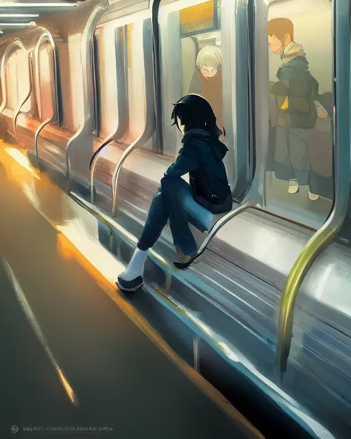 Image similar to a lonely girl sitting on the new york subway, full shot, ambient lighting, detailed face, by makoto shinkai, stanley artgerm lau, wlop, rossdraws