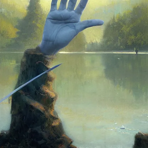 Prompt: a beautiful painting of a hand appearing from a lake holding a sword by james gurney, craig mullins