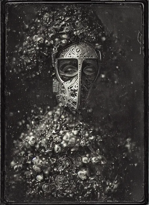 Image similar to old wetplate daguerreotype portrait of the birth of a masked dangerous super villain, explosion of data fragments, fractal, intricate, elegant, highly detailed, parallax, leica, medium format, subsurface scattering, by jheronimus bosch and greg rutkowski and louis jacques mande daguerre