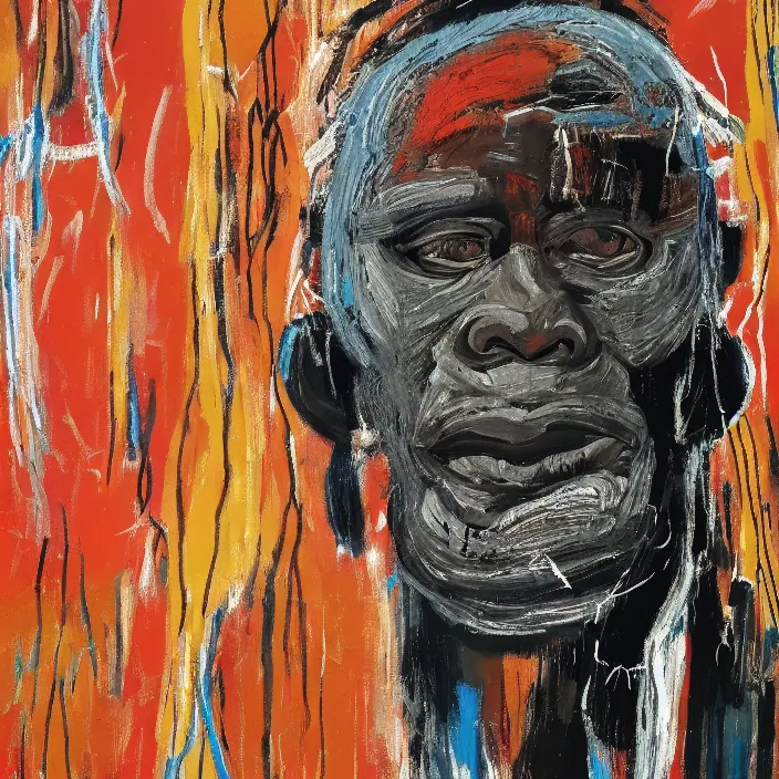 Prompt: a painting of a wise elder from Kenya by Jean-Michel Basquiat. dramatic angle, ethereal lights, details, smooth, sharp focus, illustration, realistic, cinematic, artstation, award winning, rgb , unreal engine, octane render, cinematic light, macro, depth of field, blur, red light and clouds from the back, highly detailed epic cinematic concept art CG render made in Maya, Blender and Photoshop, octane render, excellent composition, dynamic dramatic cinematic lighting, aesthetic, very inspirational, arthouse.