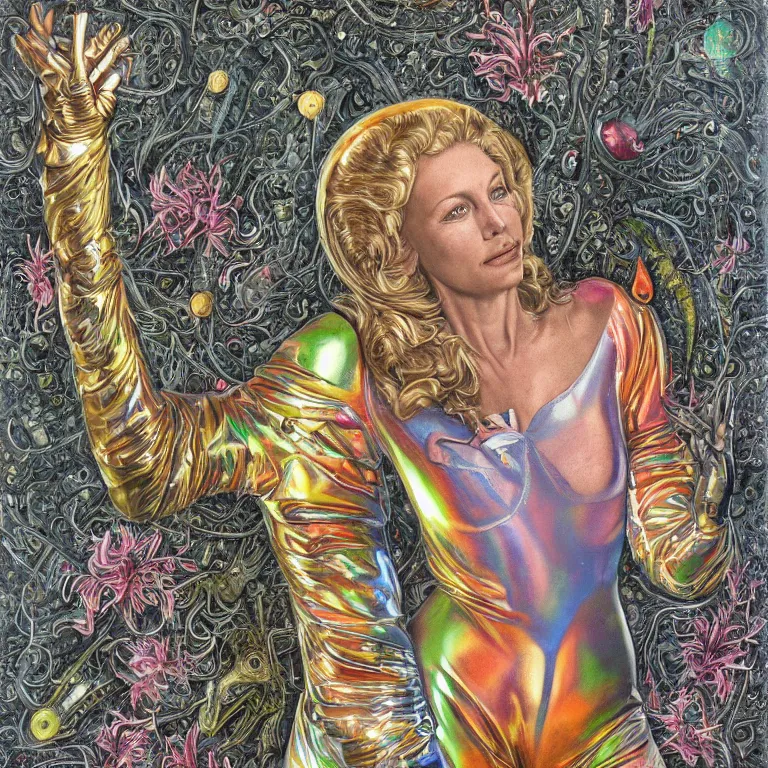 Image similar to portrait painting by wayne barlow and carlo crivelli and glenn fabry, a woman in a skintight silver shining spacesuit with colorful iridescent detailing, covered in bright colorful alien flora and fauna