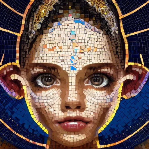 Prompt: mosaic portrait of a beautiful cute young girl with robot ears, 4k, intricate details, digital, sun in the background