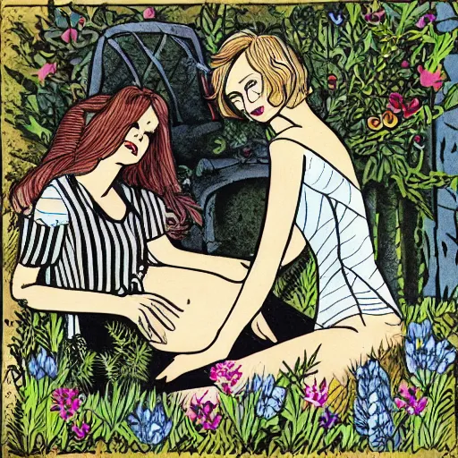 Prompt: couple cuddling, two women, one short - haired blonde, one goth brunette, in garden, romantic, highly detailed illustration