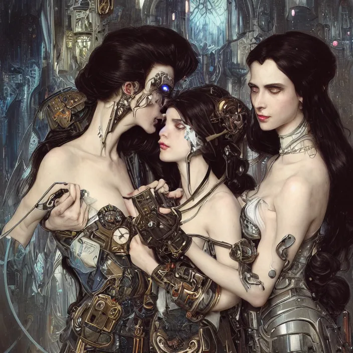 Prompt: portrait of two beautiful pale gothic cyborg maidens kissing, warhammer 40000, cyberpunk, intricate, elegant, highly detailed, digital painting, artstation, concept art, smooth, sharp focus, illustration, art by artgerm and greg rutkowski and alphonse mucha and Gustav Klimt