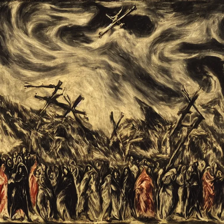 Image similar to A Holy Week procession of grim reapers in a lush Spanish landscape at night. A hooded figure at the front holds a cross. El Greco.