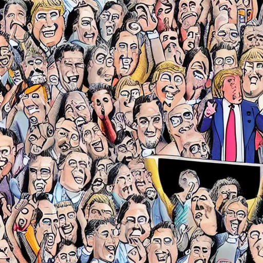 Prompt: enoumous crowd of millions of people, everyone is laughing and pointing at donald trump on a podium with not wearing pants. style of caricature drawing.