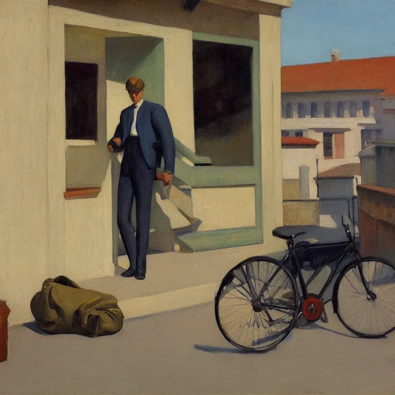 Prompt: a man with a bike resting in quiet town, painted by Edward Hopper, oil painting