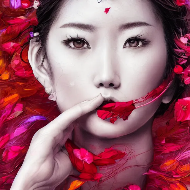 Image similar to studio portrait absurdly beautiful, elegant, graceful, young hypercolorful contrast korean gravure idol rubies and red petals, ultrafine hyperrealistic detailed face illustration by kim jung gi, irakli nadar, intricate linework, sharp focus, bright colors, matte, octopath traveler, final fantasy, unreal engine highly rendered, global illumination, radiant light, intricate environment