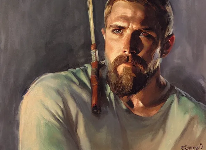 Prompt: a highly detailed beautiful portrait of oliver queen, by gregory manchess, james gurney, james jean