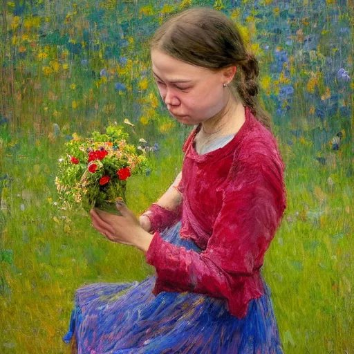 Image similar to Devastated Greta Thunberg crying onto the last plant on earth, impressionism, bright vivid colors, by Greg Rutkowksi and Ilya Repin