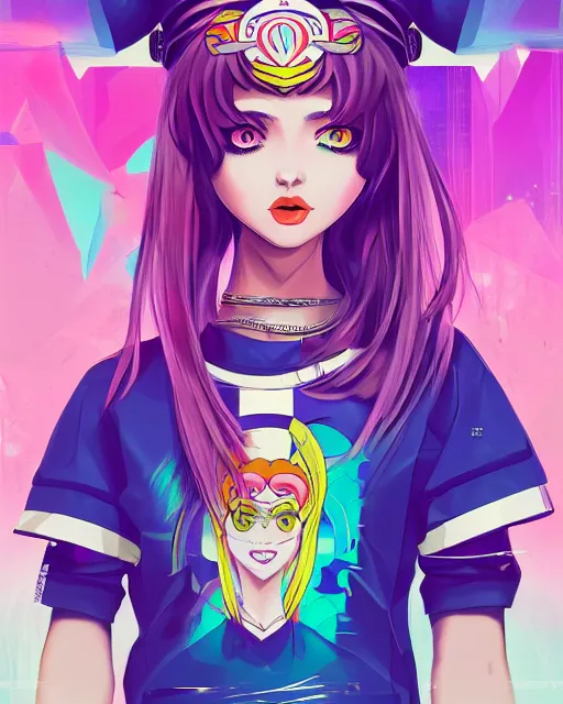 Image similar to poster woman with futuristic streetwear and long hair, colourful, pretty face, intricate eyes, elegant, Anime by Roset Conrad Sailor Moon Kuvshinov Ilya 4k, HDR, Graphic Design, Behance Trending on artstation, award winning