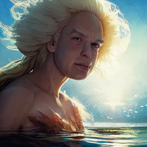 Image similar to doc brown as arielle the mermaid in water, studio ghibli, disney animation, sharp, anime key art by greg rutkowski, bloom, dramatic lighting