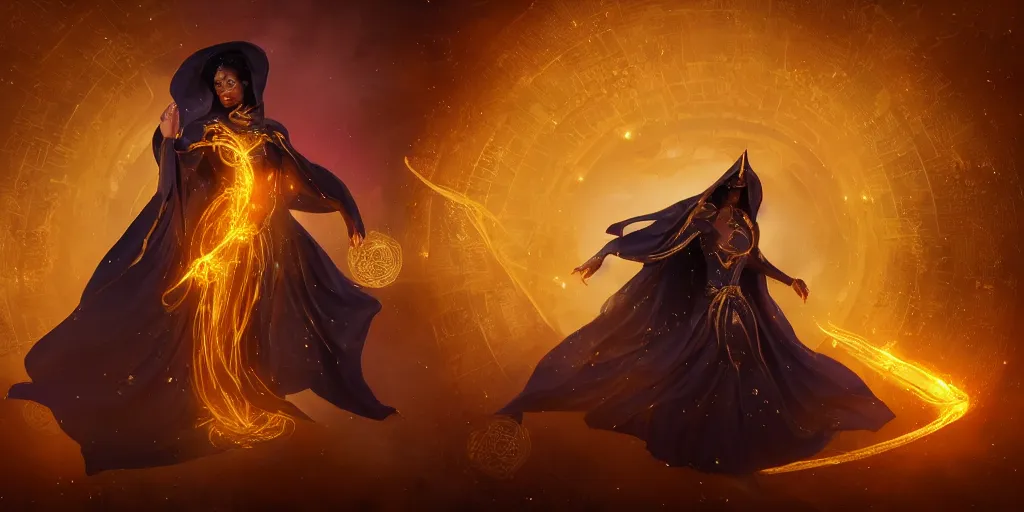 Prompt: gorgeous black woman as a spellcaster mage, singular figure, dynamic pose full body, hands casting a golden fireball spell, extremely intricate flowing robes, obsidian and golden cloak and hood, Octane render, rule of thirds, golden ratio, 8k VFX, Peter Mohrbacher