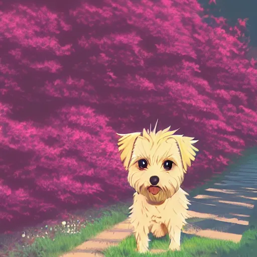 Image similar to A blond Norfolk terrier in the style of 90s anime, bright,red flowers, foot path, trees, award winning, trending on artstation