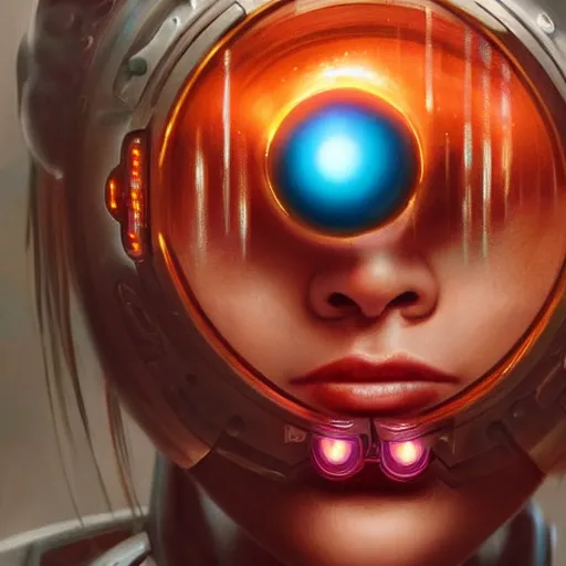 Prompt: a realistic detailed beautiful portrait of a cybernetic woman eating a big glowing orb, mouth open, cyberpunk concept art, digital art, highly detailed, intricate, sci-fi, sharp focus, Trending on Artstation HQ, deviantart, unreal engine 5, 4K UHD image, hyperrealistic, photorealistic, art by artgerm and greg rutkowski and alphonse mucha