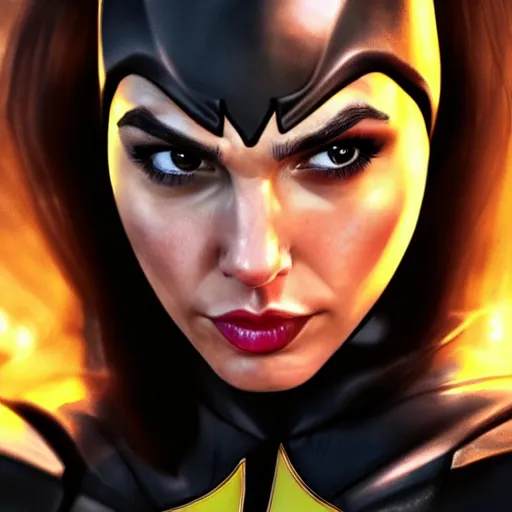 Image similar to a close up face of gal gadot as batgirl, by Zack Snyder, Christoper Nolan, Stanley Artgerm Lau, WLOP, Rossdraws, James Jean, Andrei Riabovitchev, Marc Simonetti, Yoshitaka Amano, ArtStation, CGSociety, Full body shot