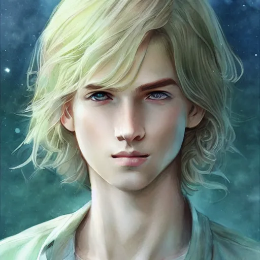 Image similar to teen boy, middle length hair, blonde hair, green eyes, gorgeous, amazing, delicate, feminine, elegant, intricate, highly detailed, watercolor, portrait, artstation, concept art, sharp focus, illustration, art by charlie bowater and Ross tran