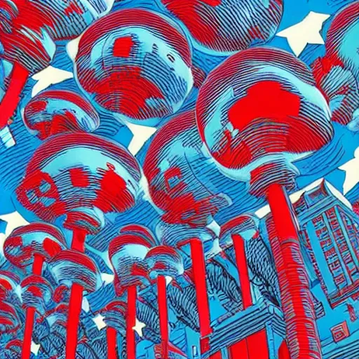 Image similar to red white and blue nuclear explosion over a city on the fourth of july in the style of m. c. escher, junji ito and beeple, patriotic, mushroom cloud