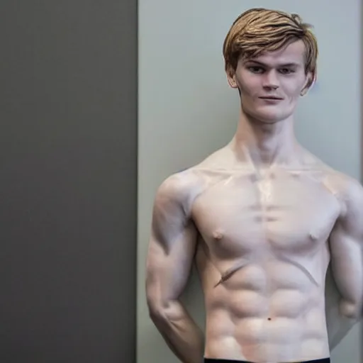 Image similar to a realistic detailed photo of a guy who is an attractive humanoid who is half robot and half humanoid, who is a male android, soccer player martin ødegaard, shiny skin, posing like a statue, blank stare, in a living room, on display, showing off his muscles