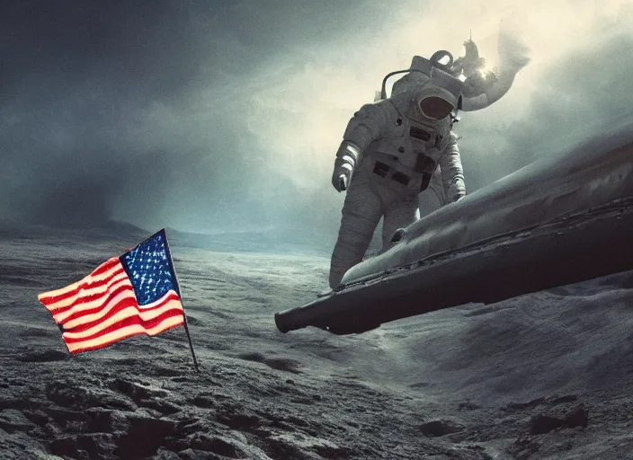 Image similar to astronaut holding a flag in an underwater desert. a submarine is visible in the distance. dark, concept art, cinematic, dramatic, atmospheric, 8 k, trending on artstation, low visibility, fog, ocean floor, christopher nolan, interstellar