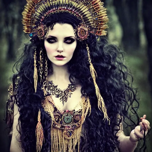 Prompt: ethereal beautiful woman with long curly hair in romany gypsy outfit, high detail, detailed dark eyeshadow, black dark aesthetic, fantasy, epic style