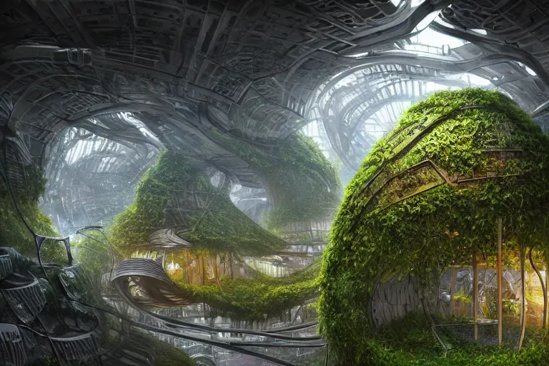 Image similar to futuristic foliage overgrowing detailed favela bunker hive, art nouveau environment, industrial plant, award winning art, epic dreamlike fantasy landscape, ultra realistic,