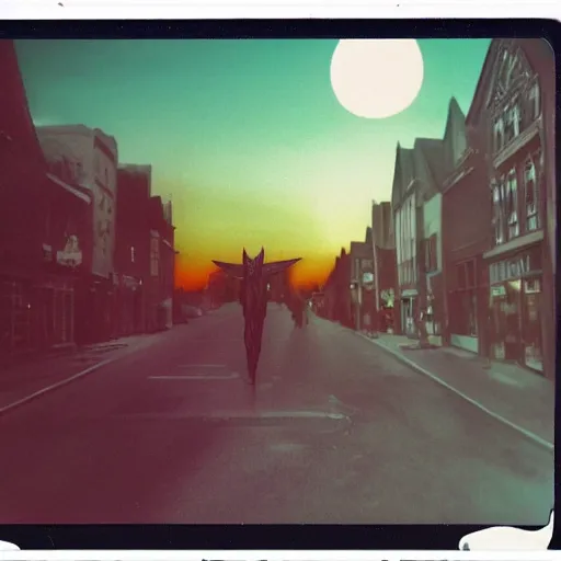 Prompt: low angle wide shot of busy Night Vale street, angels do not exist, hooded figures in robes, sunset, polaroid photo, by Warhol,