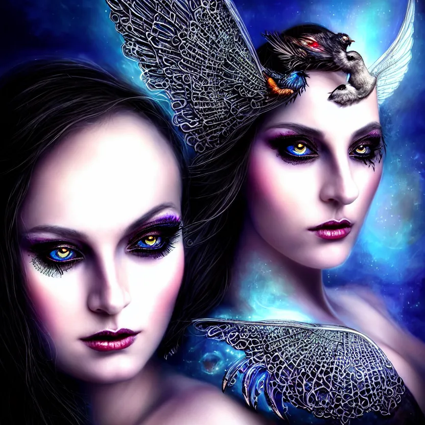 Image similar to close up portrait on the enchanting femenine witch, hyper attractive, seductive, very complex, hyper-maximalist, overdetailed, legendary cinematic, darkfantasy, archetype with timeless beauty breathtaking eyes & glowing wings, collossal moon rising behind her with bird shadows, highly intricate, digital art, very elegant, HDR 8K, biblical art, realism, incomprehensible yet perspicious detail, unbeatable quality, silent hill aesthetic, photorealistic, lifelike, DSLR 8k, unbeatable coherency, Omnious intricate, octane render, created Nixeu & z--ed from deviantart
