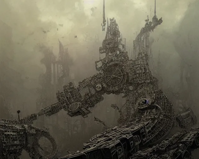 Prompt: beautiful hyperrealistic ultradetailed matte painting of dieselpunk war machines, by James Stokoe and harry clarke and Zdzisław Beksiński and Jakub Rozalski, war theatre, dark, realistic, smog, black smoke, oil, machine parts, dystopian, insane details, peter mohrbacher, intricate, mecha, embers, trending on artstation, volumetric lighting, smog, micro details, HD wallpaper, 8k:3, gray:-1, blur:-1