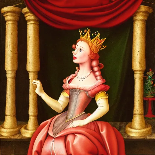 Image similar to young princess peach crowned empress of the mushroom kingdom, renaissance style, coronation, cinematic lighting, 1 6 th century,