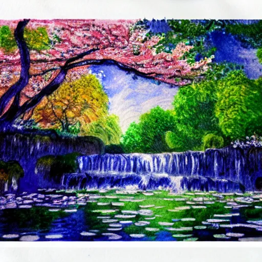 Prompt: landscape with cherry blossom trees and waterfalls, detailed luminescent high contrast watercolor painting in the style of monet, 4 k