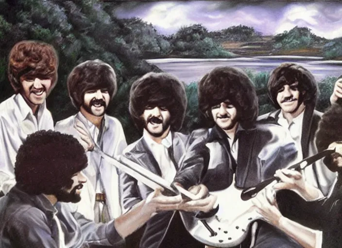 Image similar to bob ross painting a scene of the beatles and the beach boys having a battle of the bands in hades