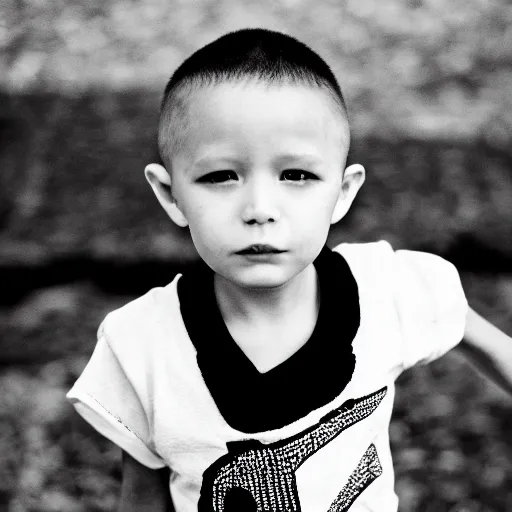 Image similar to the face of punk rock alien boy at 3 years old wearing balenciaga clothing, black and white portrait by julia cameron, chiaroscuro lighting, shallow depth of field, 8 0 mm, f 1. 8